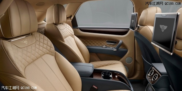Rear passenger seat tablets and tan leather interior of a Bentley Bentayga | Bentley Motors